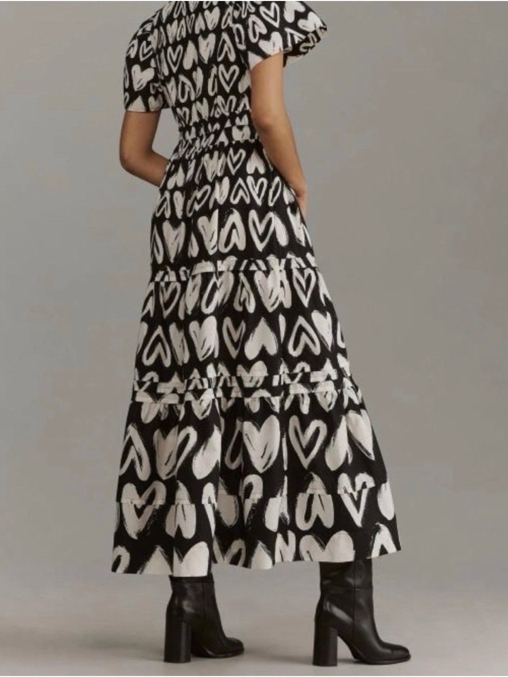 Anthropologie The Somerset Black and White Heart-Print Tiered Maxi Dress